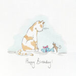 An illustration of a cat and mouse for a birthday card