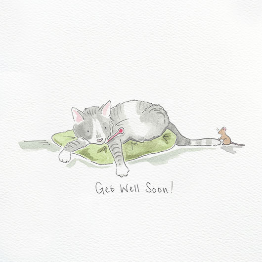 An illustration of a cat and mouse for a get well card