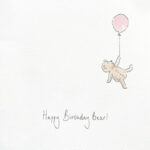 A cute illustration of a teddy bear floating on a birthday balloon