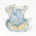 An illustration of a blue and white jug and some lemons