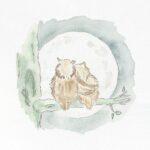 An illustration of two tawny owls and the moon