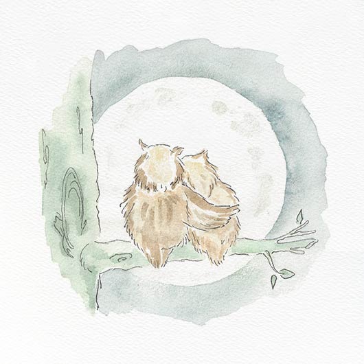 An illustration of two tawny owls and the moon