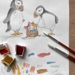 An illustration of two puffin birds