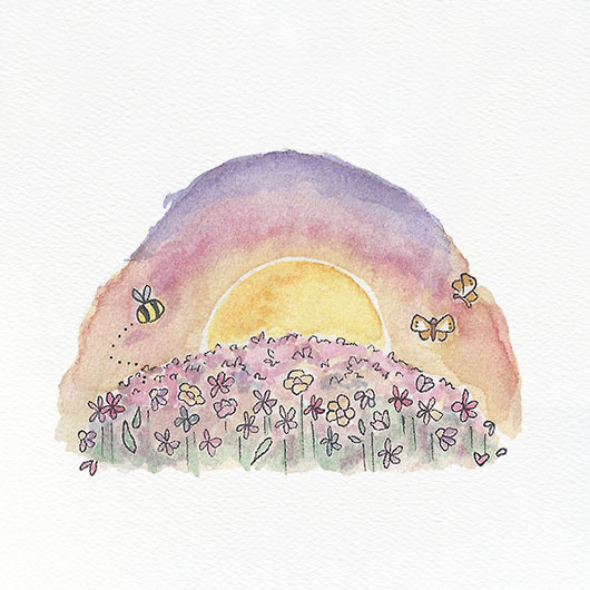 A painted image of a sunset behind a meadow of flowers