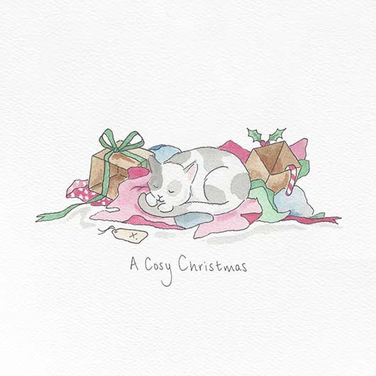 A festive illustration of a cat curled up in Christmas presents