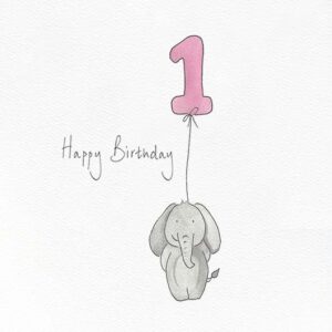 An image of an elephant holding a 1st birthday balloon