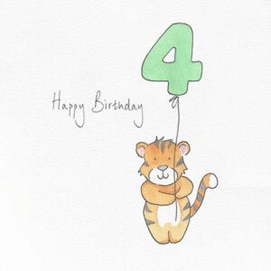 A 4th birthday card for children featuring a tiger with a balloon