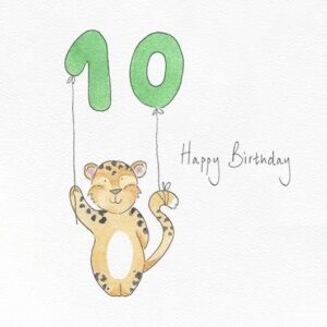 A children's birthday illustration of a leopard with a balloon