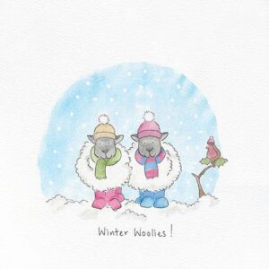 A festive illustration of two Christmas sheep