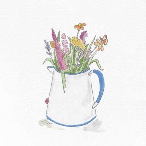 A jug of illustrated wildflowers in watercolour