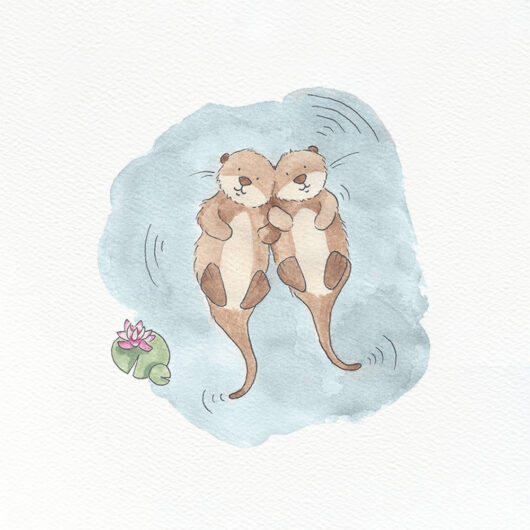 A greetings card showing a pair of adorable otters holding hands