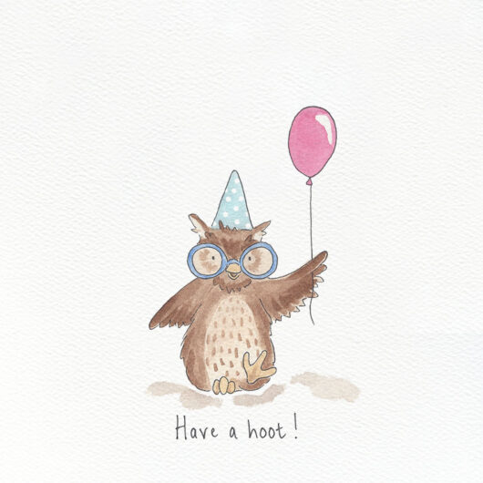 A birthday card showing an owl in a party hat with a red balloon