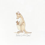 A greetings card showing a kangaroo with a baby in her pouch welcoming a new arrival