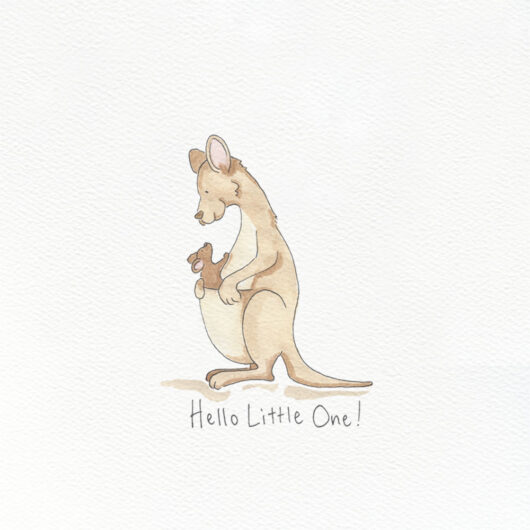 A greetings card showing a kangaroo with a baby in her pouch welcoming a new arrival