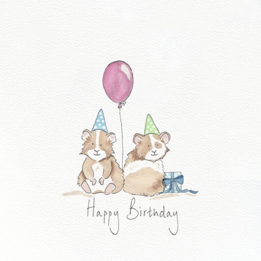 A greetings cards showing two hamsters in party hats with a birthday present & a red balloon
