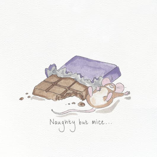A drawing for a card reading naughty but mice