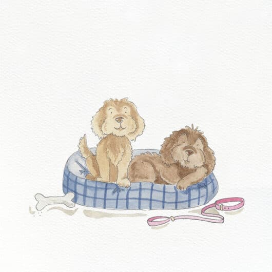 A dog illustration in a pet bed