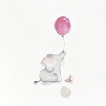 An illustration of a cute mouse & an elephant holding a red balloon