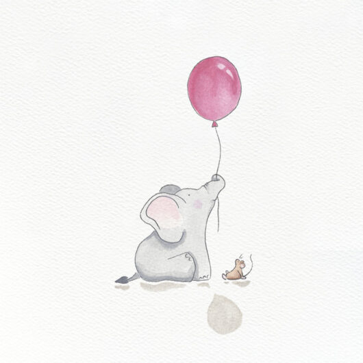 An illustration of a cute mouse & an elephant holding a red balloon