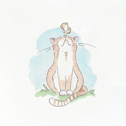 A watercolour illustration of a cute ginger cat with a butterfly on his nose