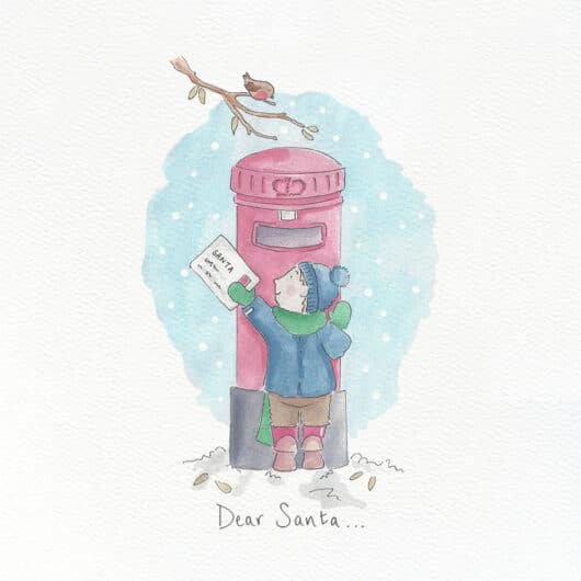 A watercolour painting of a little boy at Christmas