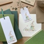 A greeting card, bookmark & gift tag featuring a cute bunny rabbit illustration