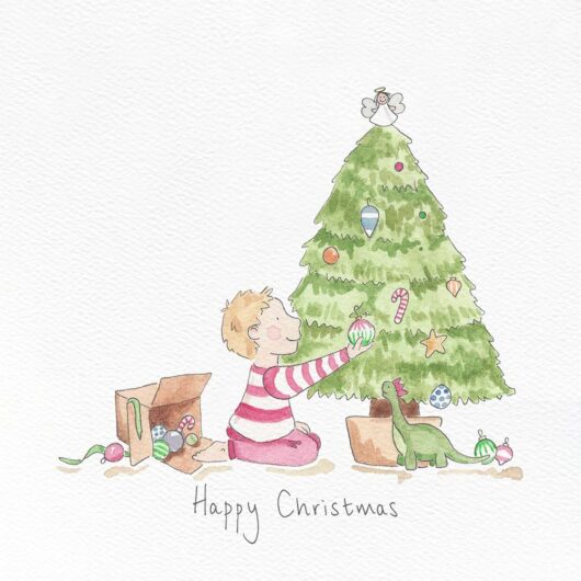 A festive illustration of a child decorating a Christmas tree