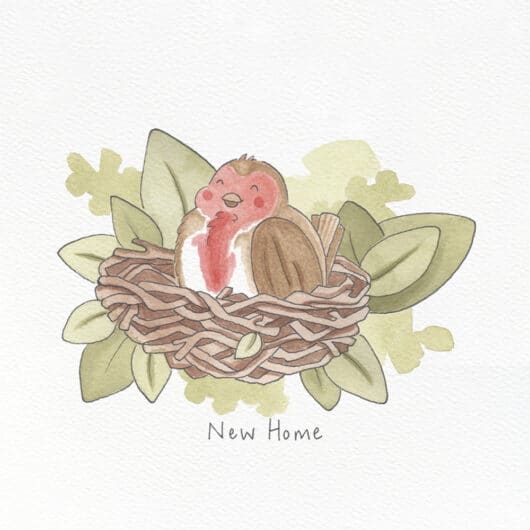A bird in a nest for a housewarming card